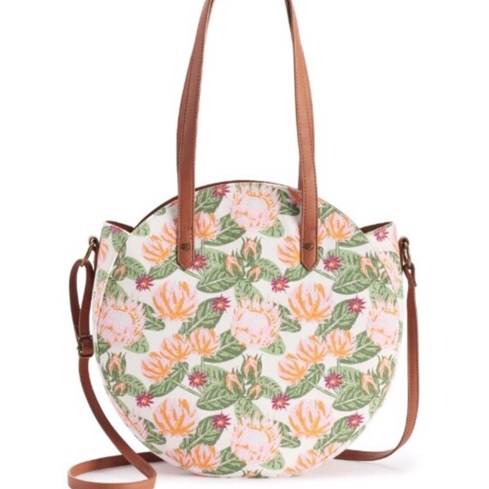 T-Shirt & Jeans Round Floral Tote in Brown Straps and Pink/Peach Print